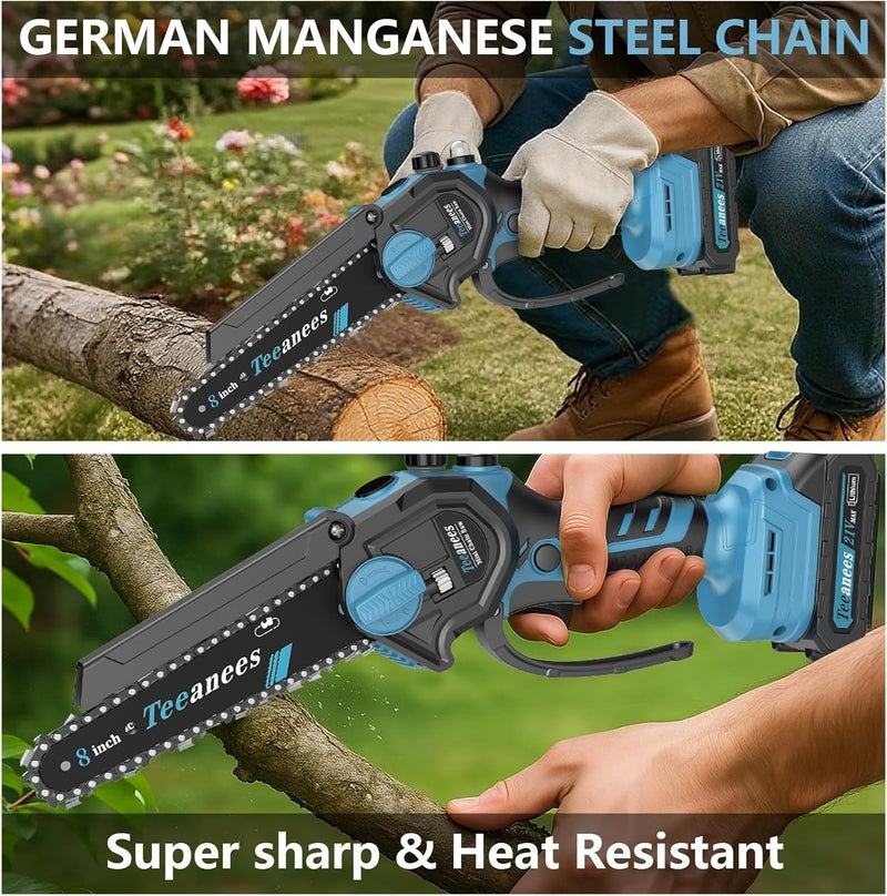 ANEES Mini Chainsaw Cordless 8 Inch, Portable Electric Chain Saw with 2 Battery 8 Chains, Auto Oiler, Battery Powered Small Handheld Saw for Wood Cutting, Tree Trimming, Garden(Blue) - Image 5